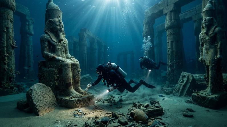 Arqueólogos marinhos inspecionando estátuas colossais e oferendas de ouro nas ruínas submersas de Thonis-Heracleion.