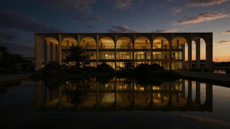 Sede diplomática com arcos de concreto e espelhos d’água projetados por Oscar Niemeyer – Créditos: depositphotos.com / diegograndi