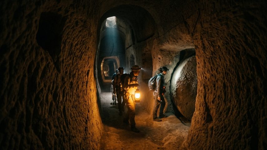 Corte transversal dos níveis de Derinkuyu evidenciando os poços de ventilação e as portas de pedra