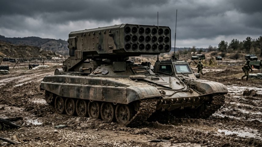O monstruoso blindado russo de 46 toneladas utiliza um chassi de tanque pesado modificado para transportar um sistema de lançamento de foguetes termobáricos que cria uma onda de calor e pressão tão extrema que consegue destruir abrigos subterrâneos fortificados e derreter equipamentos pesados em questão de frações de segundo