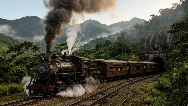 O nostálgico trem a vapor de 1929 que percorre 10 quilômetros pela deslumbrante serra e atravessa um misterioso túnel histórico na fronteira exata entre 2 dos maiores estados do Brasil