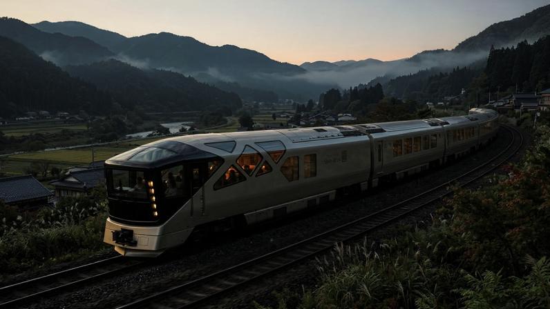 (Imagem ilustrativa)Trem de luxo japonês com design futurista e janelas panorâmicas para observação da paisagem