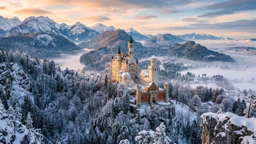 Castelo romântico do século dezenove com torres elevadas e arquitetura que inspirou contos de fadas – Créditos: depositphotos.com / rudi1976