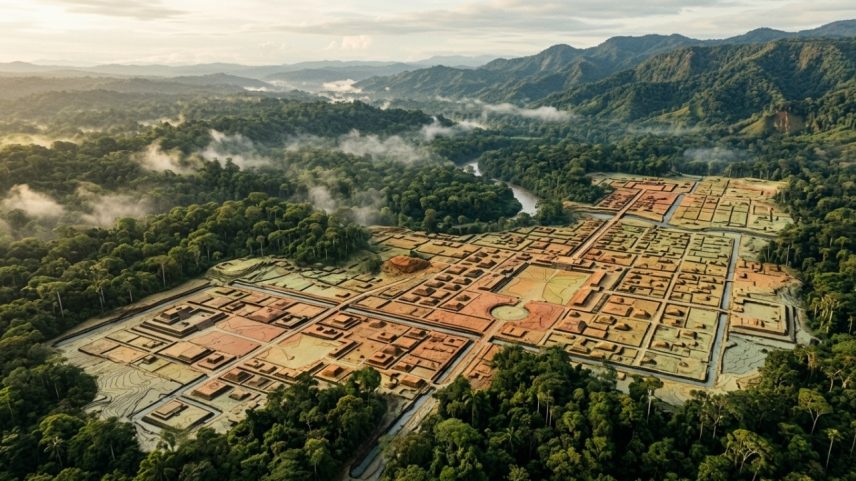 Visualização 3D de estruturas urbanas milenares ocultas sob a vegetação densa do Vale do Upano