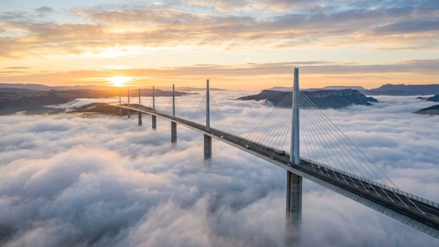 Ponte estaiada mais alta do mundo com trezentos e quarenta e três metros de altura no vale do rio Tarn – Créditos: depositphotos.com / janoka82