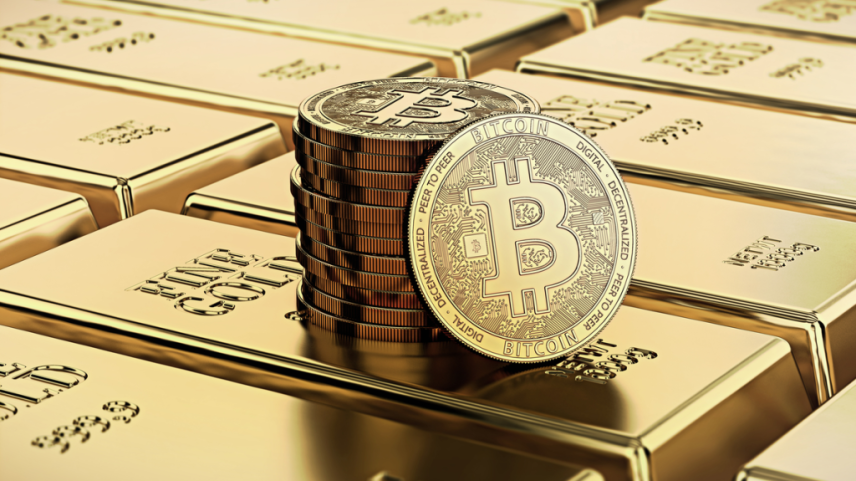 Bararras de ouro e moedas de bitcoin