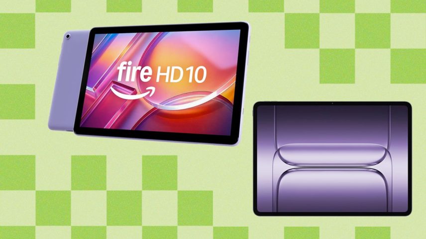 Two tablets on a green checkered background