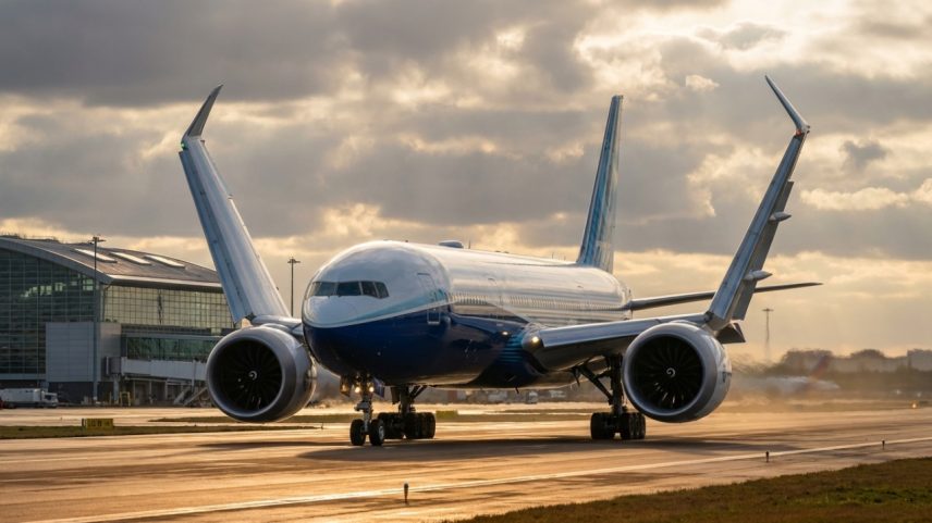 Boeing 777X com pontas das asas dobradas no taxiamento do aeroporto