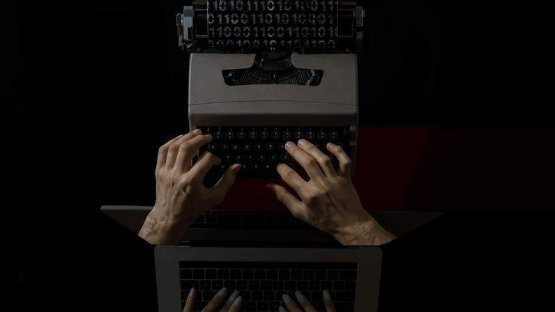 Photo Illustration of someone typing on a laptop to then typing on a typewriter