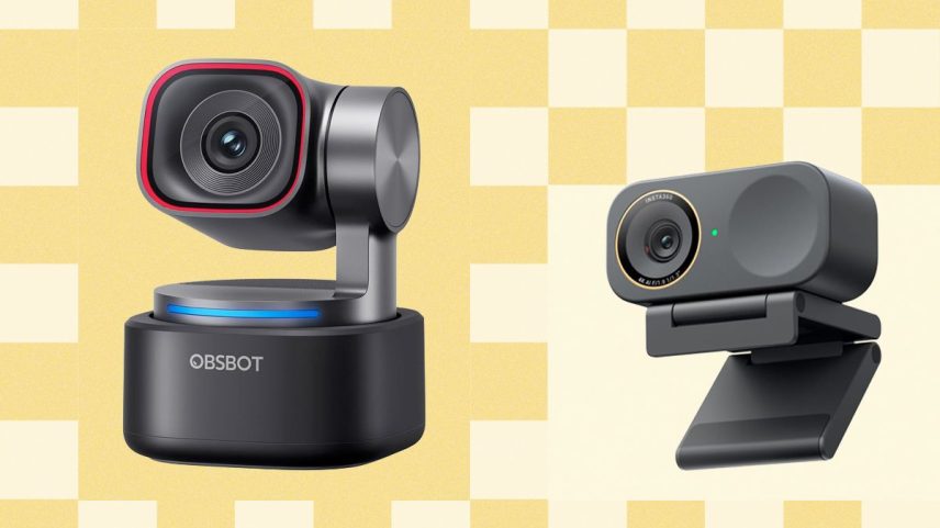 Two small black webcams on a yellow checkerboard background