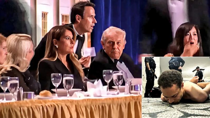 TENSÃO MÁXIMA - O presidente, logo antes de ter que deixar às pressas o salão (à esq.), e o atirador Cole Allen já imobilizado (no detalhe): expressão da violência entranhada na política americana