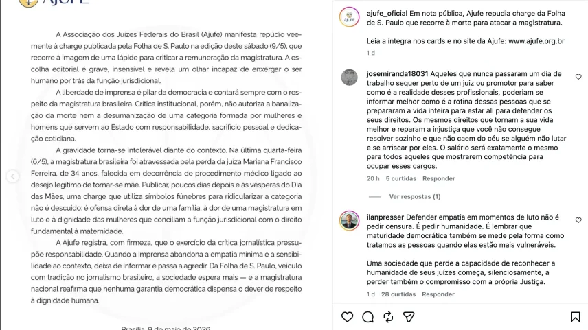 A Associação dos Juízes Federais do Brasil (Ajufe) foi uma das entidades que condenou a charge sobre penduricalhos da Folha. (Foto: Reprodução/Instagram/@ajufe_oficial)