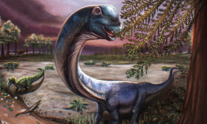 Reconstrução artística do dinossauro saurópode do período Cretáceo Nagatitan chaiyaphumensis, cujos restos fossilizados foram desenterrados na Tailândia