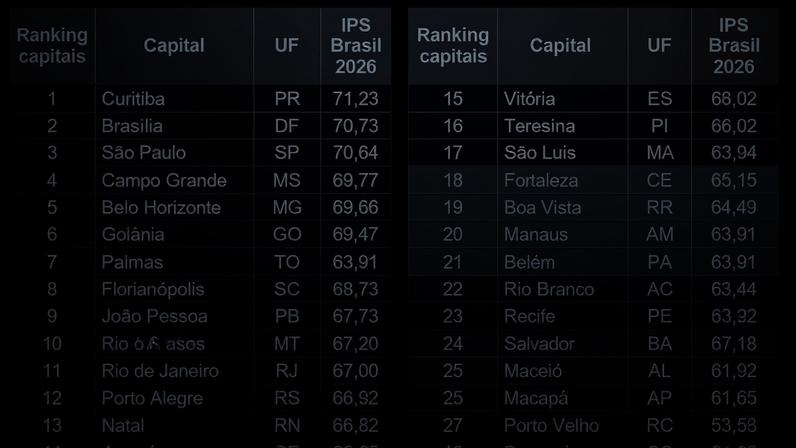 Pontuações das capitais no IPS Brasil 2026 e sua classificação entre os 9 grupos • IPS Brasil 2026