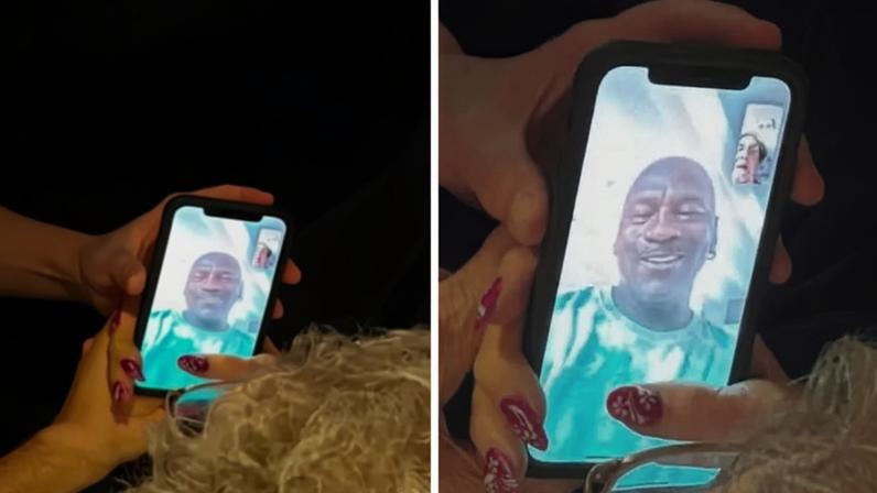 Michael Jordan em chamada de vídeo com sua professora de ensino médio ( Foto: Reprodução)