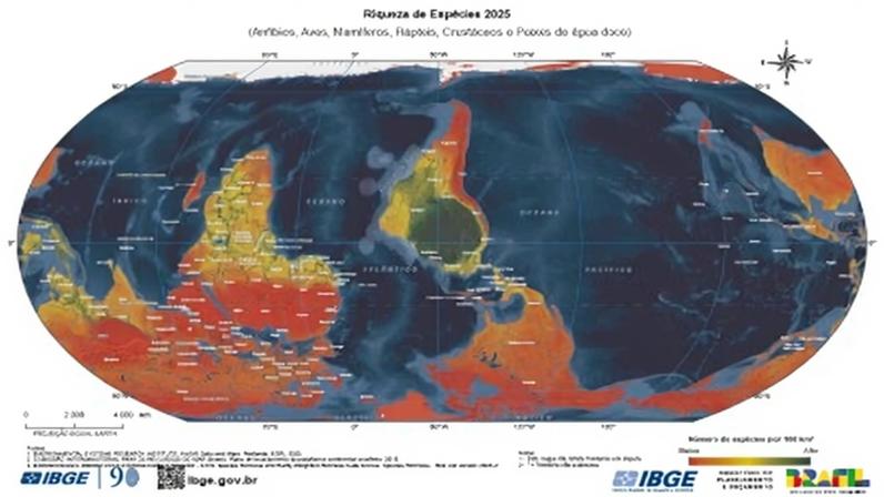 Mapa-múndi do IBGE celebra seus 90 anos, mostrando a riqueza de espécies e a representação dos continentes em proporções reais