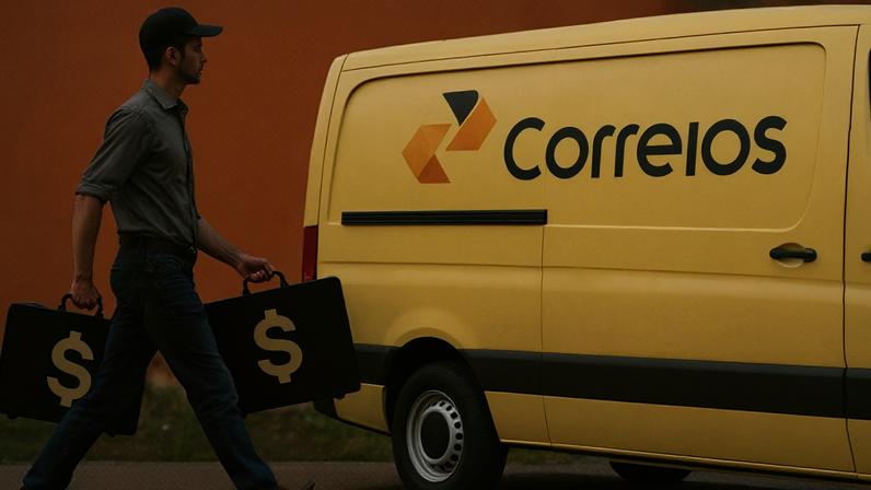 Ilustração de uma pessoa levando maletas de dinheiro para uma van dos Correios