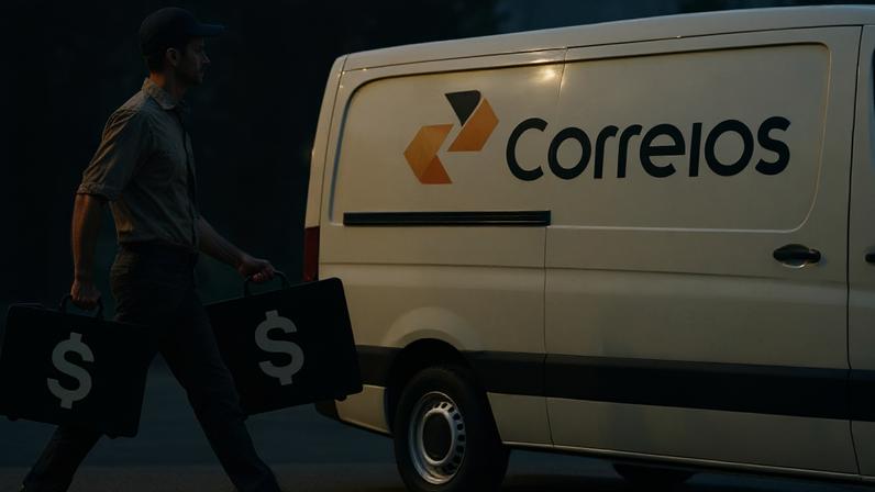 Ilustração de uma pessoa levando maletas de dinheiro para uma van dos Correios