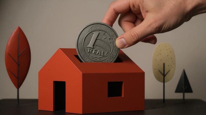 Ilustração de uma mão colocando uma moeda numa casa