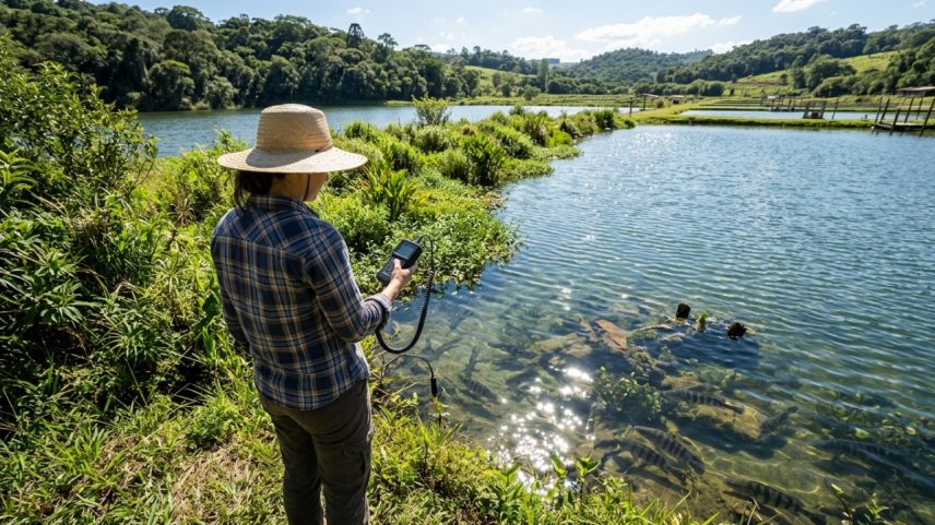 Lago artificial com águia e veado na margem