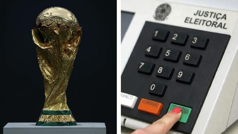 A taça da Copa do Mundo da FIFA à esquerda e uma urna eletrônica brasileira à direita -- maiores símbolos da Copa e das Eleições democráticas nacionais (Michael Regan/Fifa/Getty Images | Roberto Jayme/TSE)