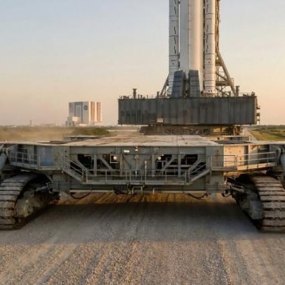Gigante de aço da NASA, 3.000 toneladas, leva foguetes à plataforma