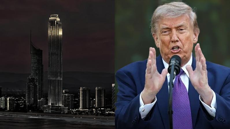 Projeto do Trump International Hotel & Tower Gold Coast (à esquerda) e o presidente dos Estados Unidos, Donald Trump (à direita). (Kevin Dietsch/Getty Images)