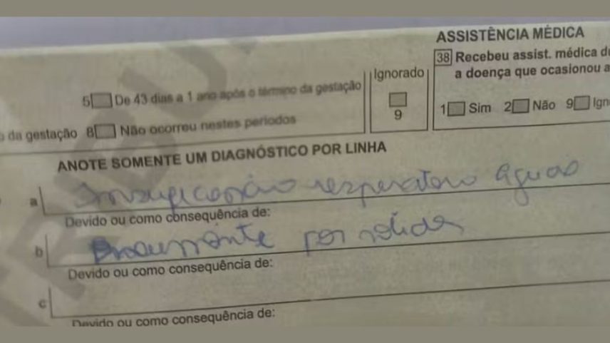 Atestado de óbito de idoso de 88 anos que, mais tarde, apresentou sinais vitais.