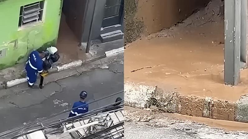 Funcionários da Sabesp trabalhando momentos antes da explosão