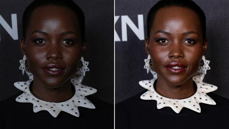 Lupita Nyong'o ao lado de uma representação de Helena de Tróia