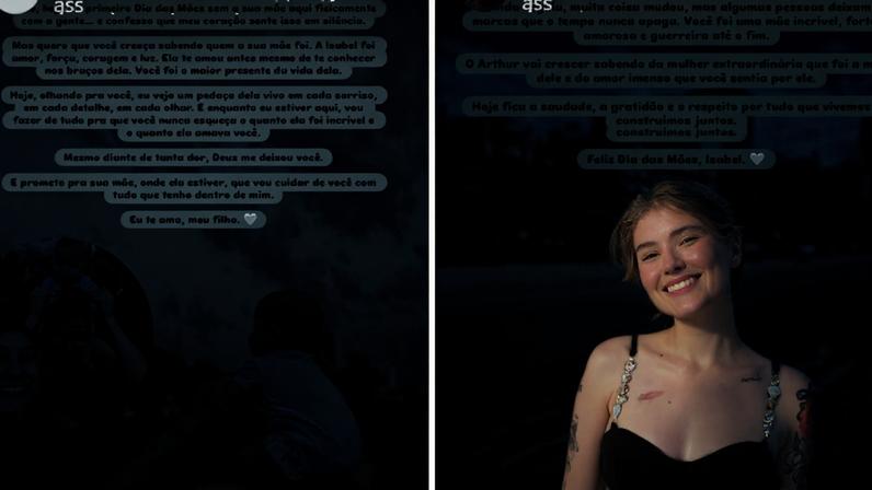 Homenagem de Lucas Borbass, viúvo de Isabel Veloso, publicada no Dia das Mães em 2026.