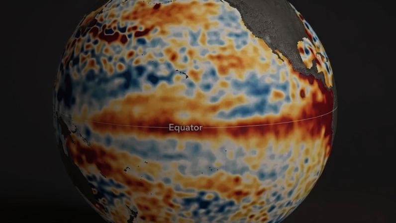 El Niño: a mancha vermelha ao redor da linha do Equador, na região do oceano Pacífico Equatorial, representa a situação de temperatura acima do normal, característica do El Niño. A imagema representa o aquecimento do El Niño 2023, de 1 a 10 de junho de 2023 (Imagem: NASA)