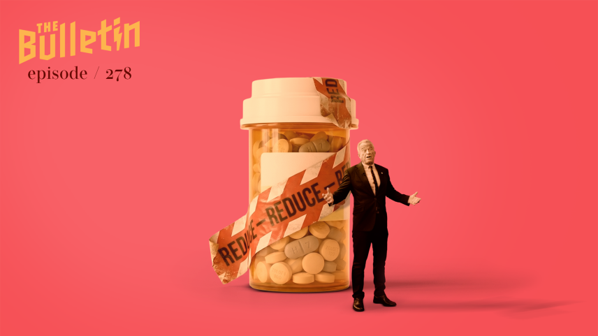Illustration of Robert F. Kennedy Jr. standing in front of a pill bottle wrapped in tape that says "reduce."