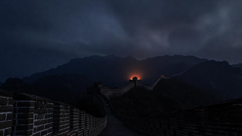 Seção da Grande Muralha da China com torres de sinalização e fortificações de tijolos em terreno montanhoso