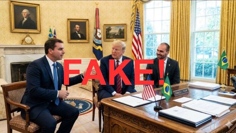 Imagem de Trump, Flávio e Eduardo Bolsonaro no Salão Oval é falsa e foi criada com inteligência artificial