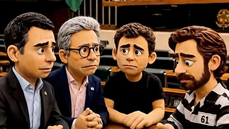 Na imagem, fantoches representam Flávio Bolsonaro, Romeu Zema, Nikolas Ferreira e Daniel Vorcaro em reunião no Congresso Nacional