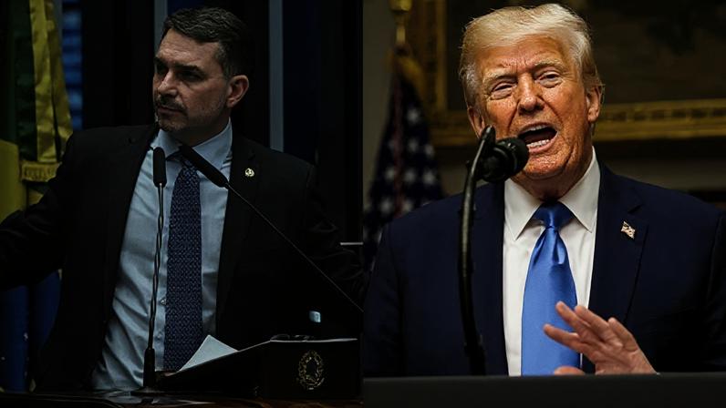 O senador e pré-candidato à presidência da República, Flávio Bolsonaro e o presidente dos Estados Unidos, Donald Trump.