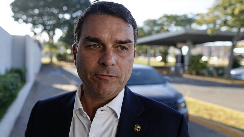 O pré-candidato à Presidência Flávio Bolsonaro (PL-SP) falou a jornalistas no aeroporto em Brasília, antes de embarcar para um evento no Rio