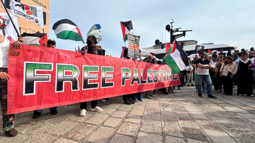 Protesters demonstrated against Israel's participation in the Venice Biennale while Israel is allowed to participate.