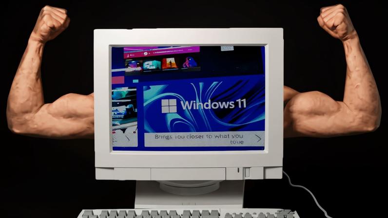Photo Illustration of a old computer with strong arms running windows 11