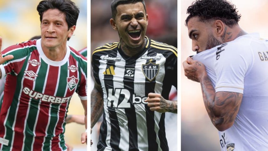 Germán Cano, Dudu e Gabriel Barbosa comemoram gols por seus clubes (Arte: Lance!)