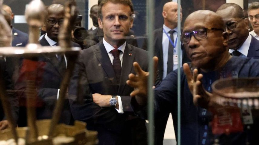 Emmanuel Macron at the Marina Palace of Cotonou during a 2022 visit to Benin.