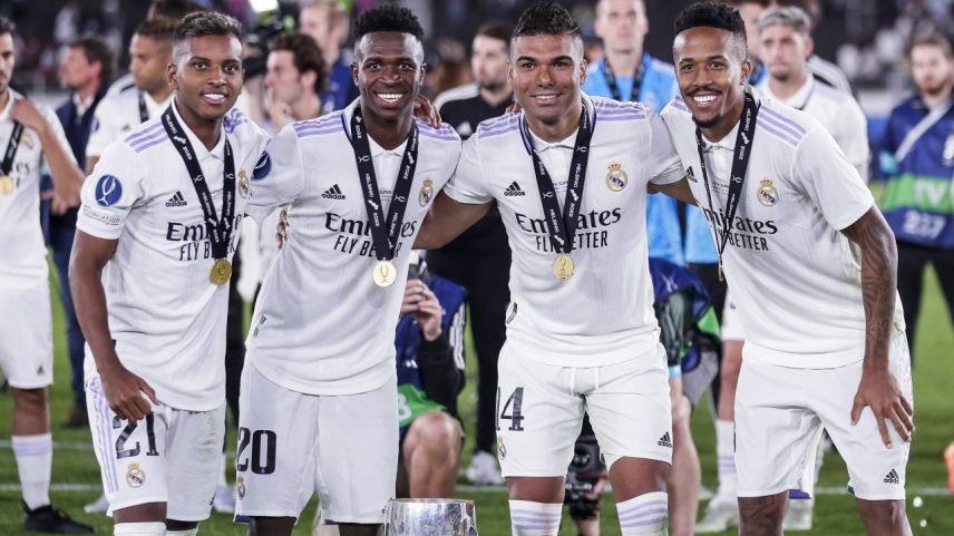 Rodrygo, Vini Jr, Casemiro e Éder Militão — brasileiros do Real Madrid, em 2022