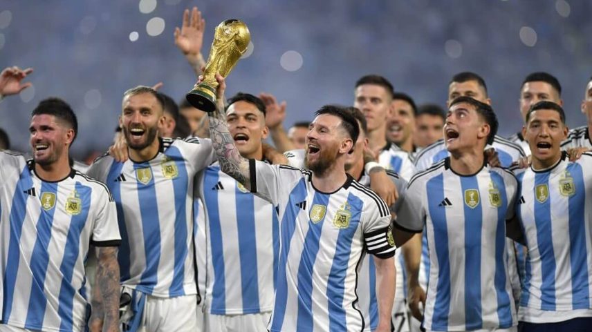 Argentina celebrates with the World Cup trophy
