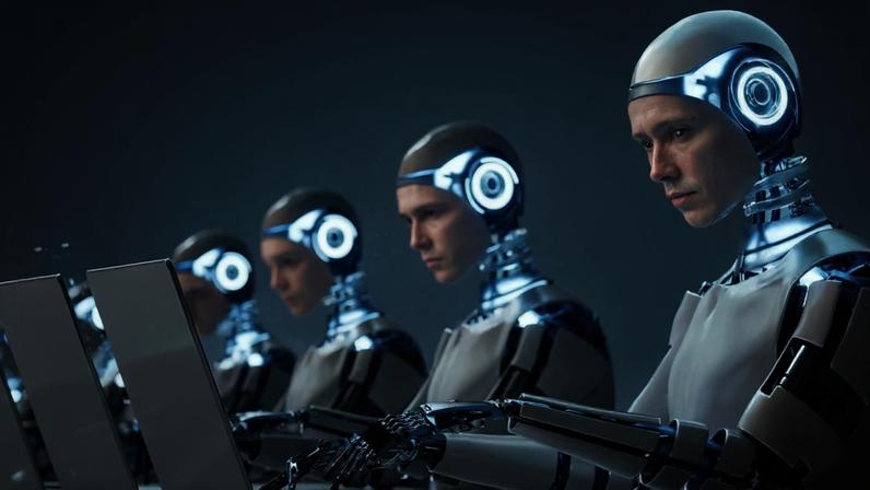 a group of robots working on laptops