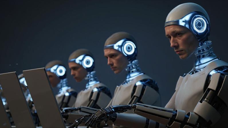 a group of robots working on laptops