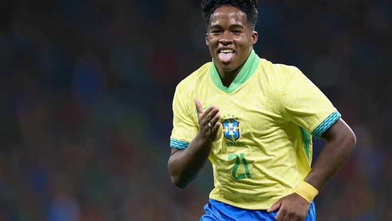 MADRID, SPAIN - MARCH 26: Endrick Felipe of Brazil celebrates after scoring his team's second goal during the friendly match between Spain and Brazil at Estadio Santiago Bernabeu on March 26, 2024 in Madrid, Spain. (Photo by Mateo Villalba/Getty Images)