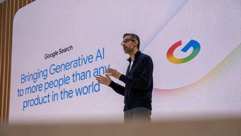 Sundar Pichai addresses the crown on stage at Google IO