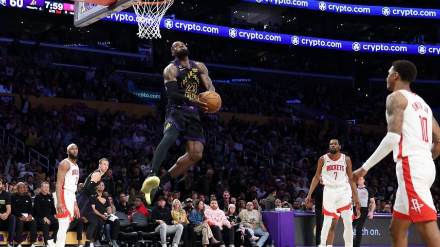 LeBron James goes up for a windmill dunk during the Game 2 of the Lakers' playoff series against the Rockets.