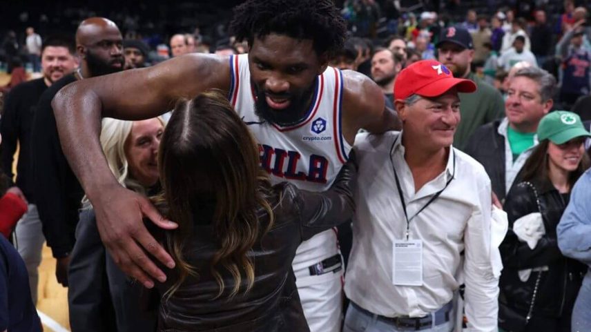 Joel Embiid was all smiles as he doled out hugs after the Sixers won Game 7 in Boston Saturday night.
